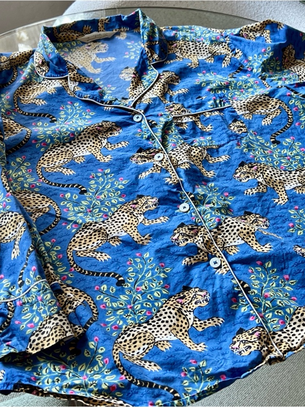 Printfresh Bagheera Leopard Pajama Top Blue Organic Cotton Poplin L Button Down